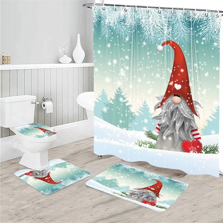 Cartoon Santa Shower Curtain Polyester Waterproof Bathroom Curtain Carpet Floor Mat Shower Curtain Four-piece Set